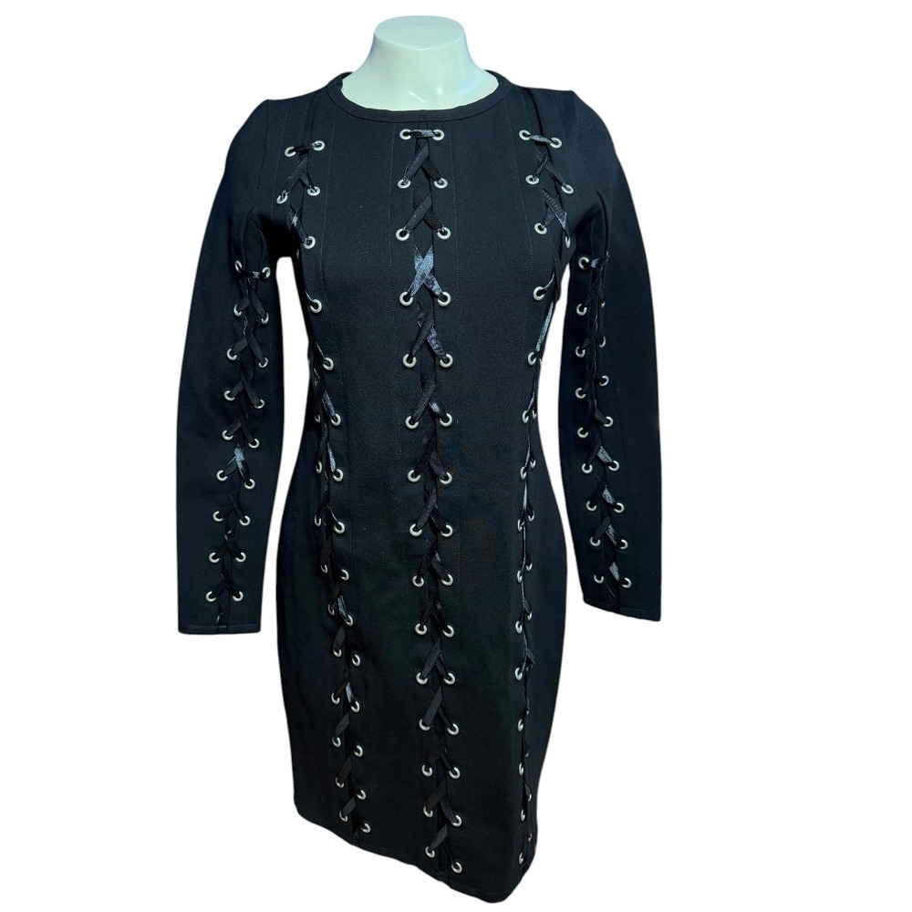 Black Lace Up Grommet Long Sleeve Bodycon Mini Dress Small Edgy Goth Night Out - Picture 2 of 7